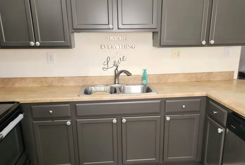 The same kitchen with the doors refinished slate gray, the countertop, sink and faucet unchanged