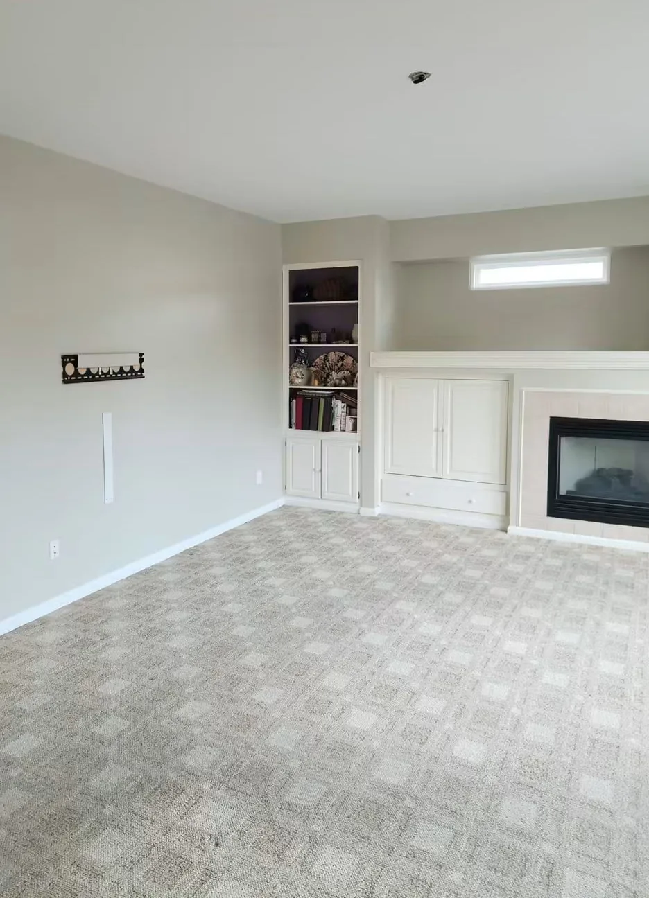 The same living room in soft gray, the same shelving, surround and carpet