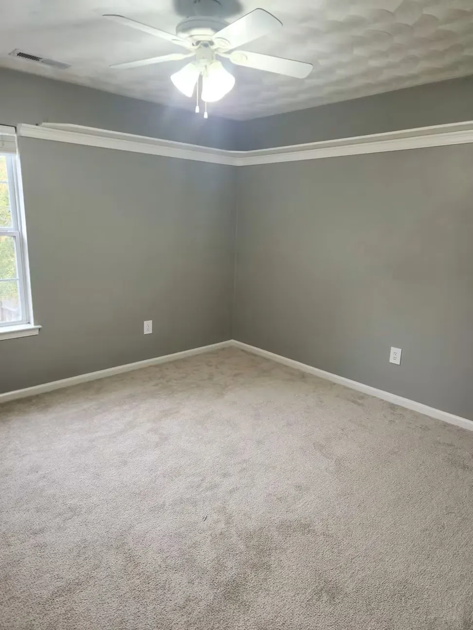 Bedroom finished in a slate gray-green with the crown molding and baseboard kept white