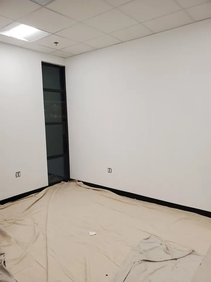 Empty commercial office with freshly painted white walls, black baseboard, drop ceiling and glass door