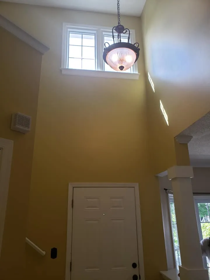 Two-story entry hall with gold-tan walls, white six-panel front door, transom window and pendant light