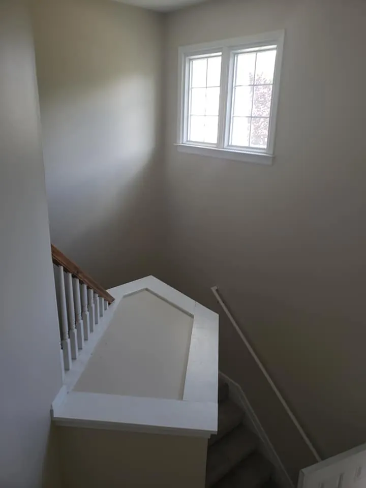 Stairwell landing painted greige with white window trim, banister, and carpeted steps below